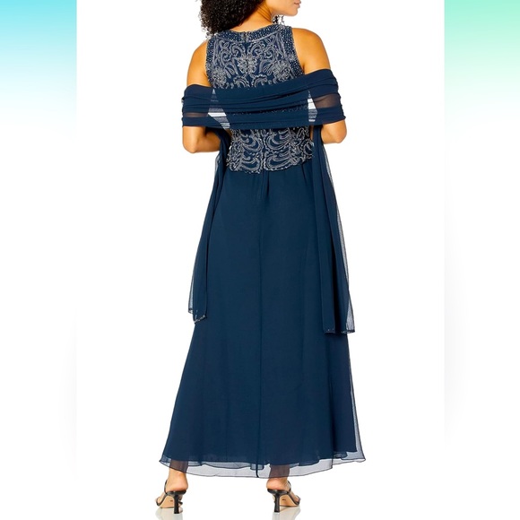 J Kara Gorgeous Sleeveless Scallop Long Beaded Dress with Scarf, Size 12P, Nwt - Picture 2 of 5